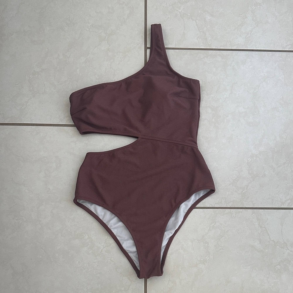 Brown/purple One-Shoulder Cutout Swimsuit